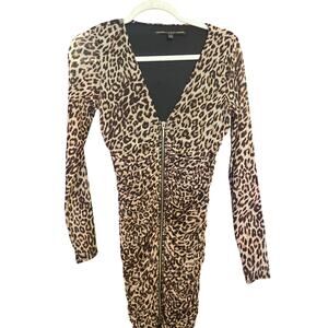 Guess ruched leopard lined dress gold zipper sheer sleeves womens size medium